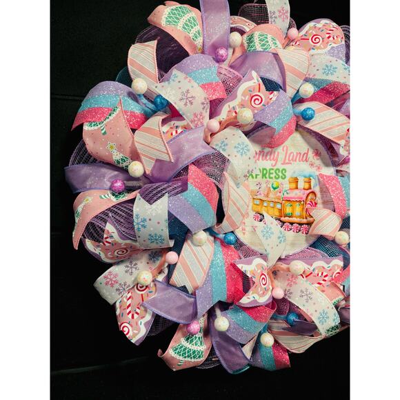Christmas Candy Wreath, Pastel Pink Blue Purple Door Decor Handmade 22 In - Picture 2 of 6